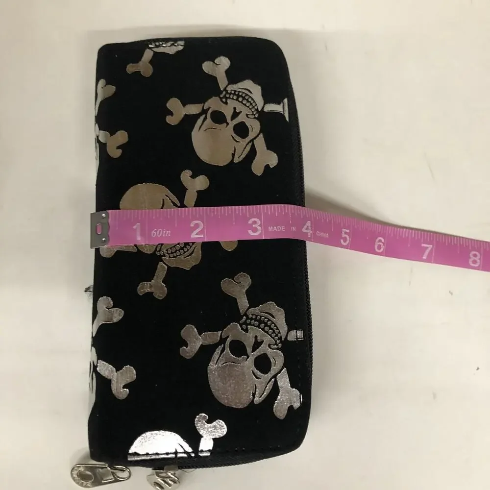 Black And White Skull Long Thick Bifold Wallet, 8x4x1.5”, 2 Compartment Dual Zip